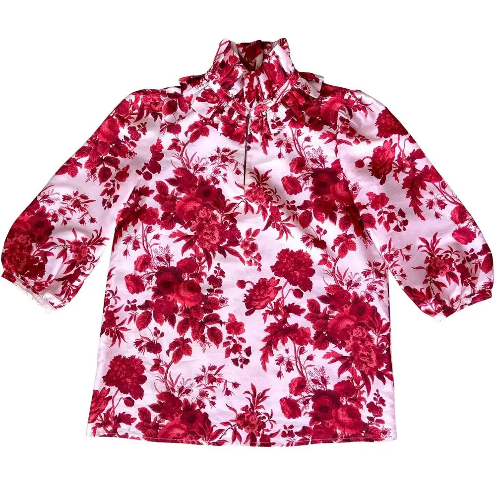 Tuckernuck‎ Zinnia Bloom Bouvier Blouse | Size XXS | Red Floral Ruffle Neck